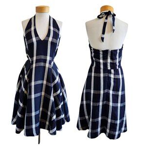Eva Franco Anya Navy Blue Plaid Halter Linen Blend Fit and Flare V Neck Dress 12